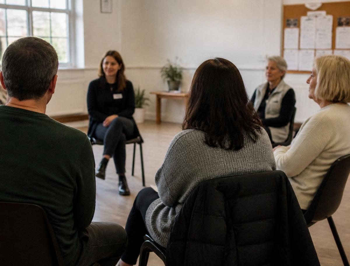 Fotografía de archivo (placeholder): grupo de apoyo reunido en una sala luminosa