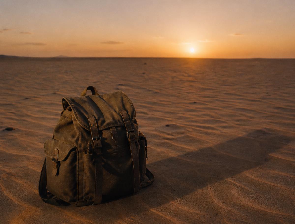 Fotografía de archivo (placeholder): mochila apoyada en la arena del desierto